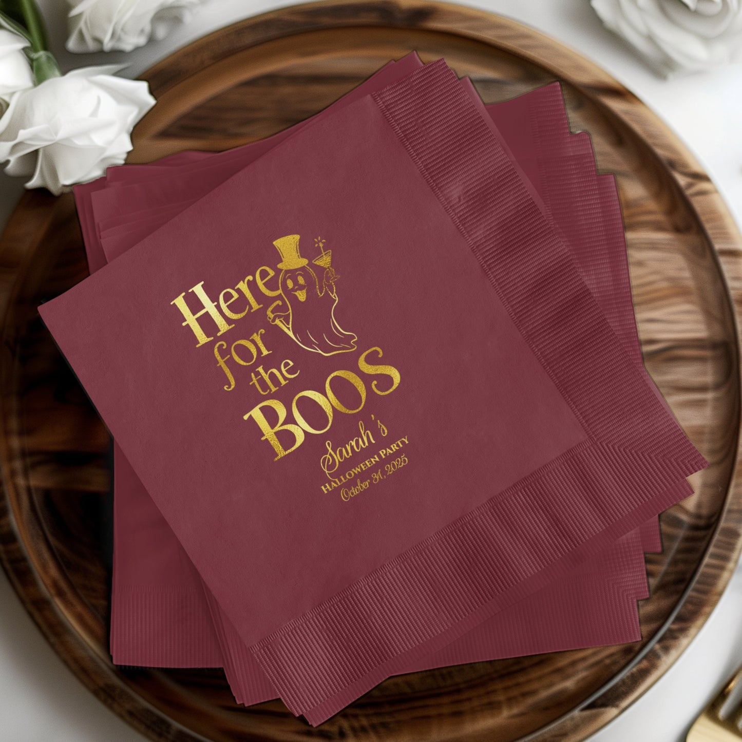 Festive burgundy Here for the boos party napkin product