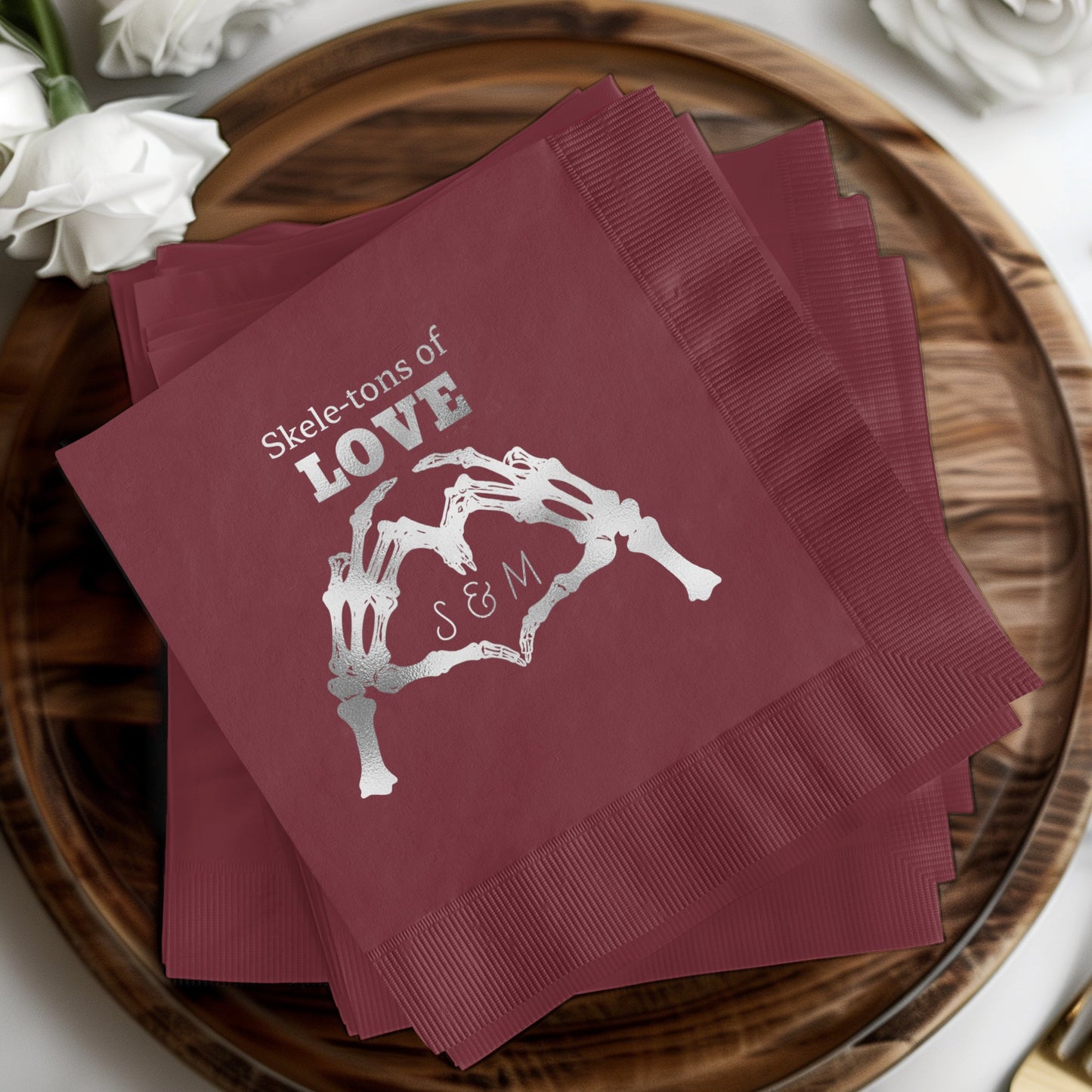Skeletons of Love S&M Design on Maroon Napkins product