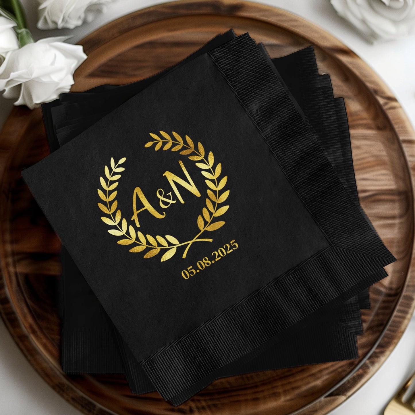 Custom Black Napkins with Golden Laurel Print product