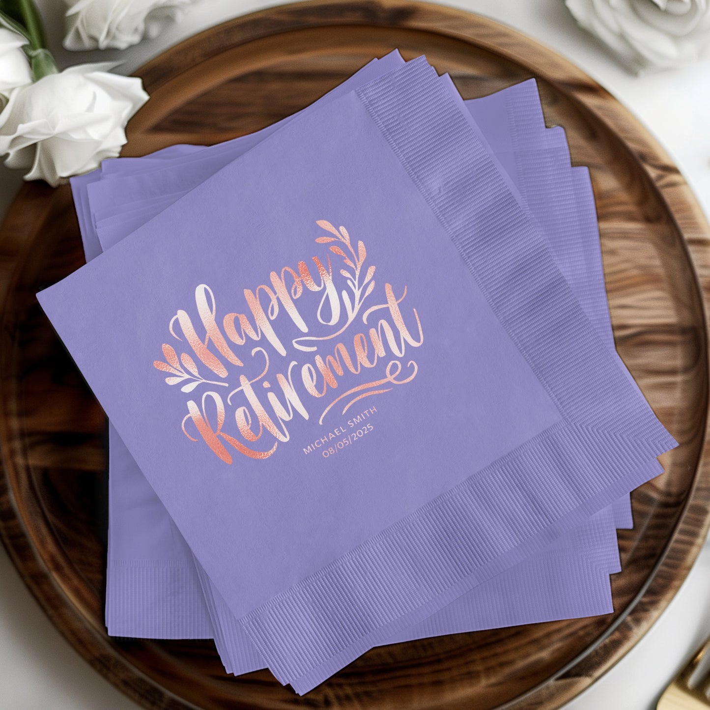 Happy Retirement Purple Custom Party Napkins product type