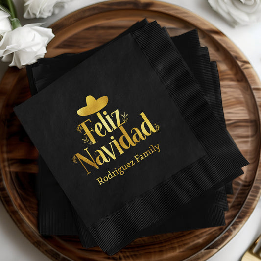 Feliz Navidad Personalized Family Black Napkin product