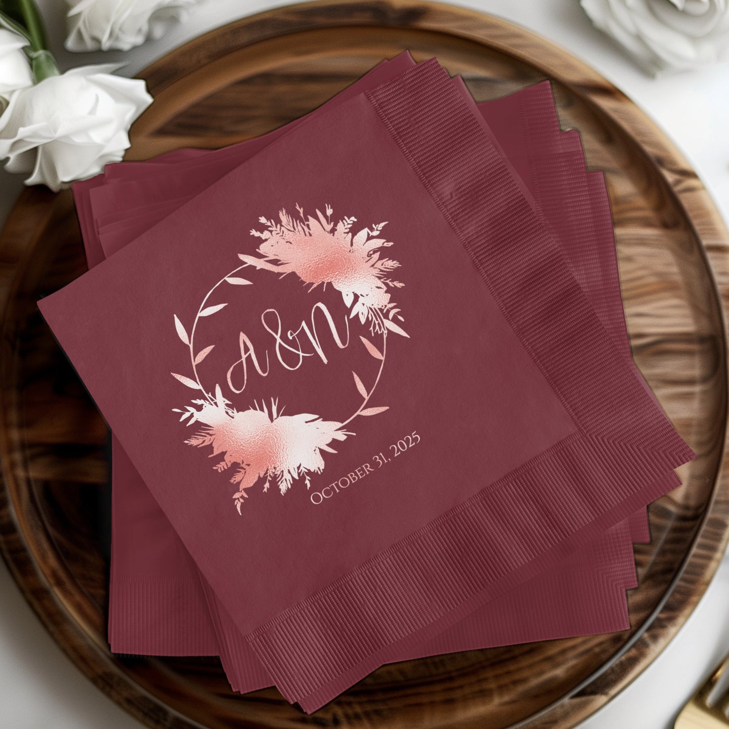 Custom Floral Initials and Date Maroon Napkins product