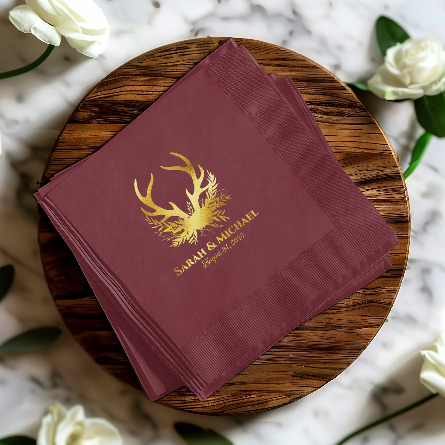 Personalized Wedding Napkins with Gold Antler Design product