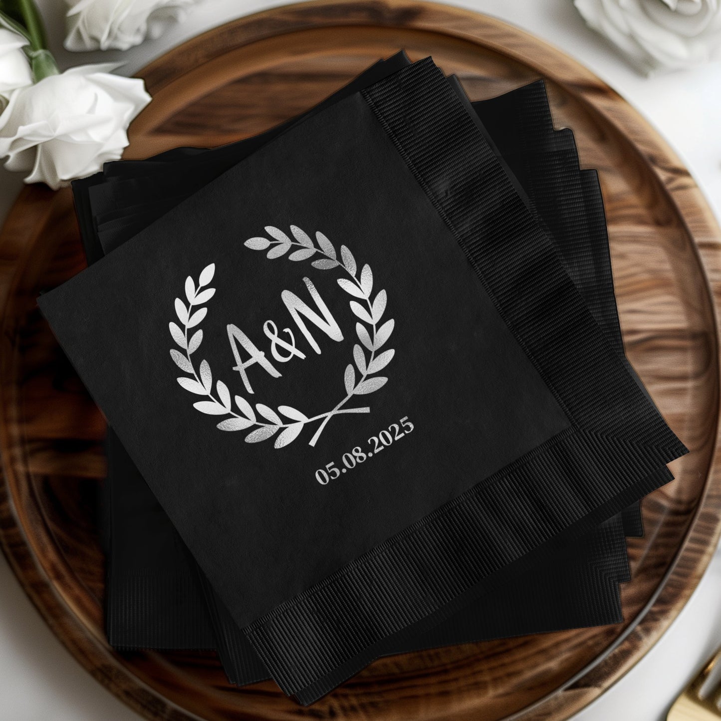 Personalized Laurel Monogram Design Black Napkins product