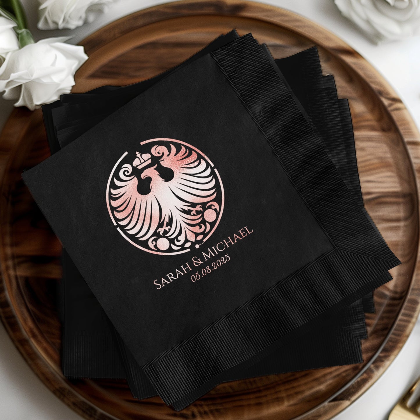 Custom Black Wedding Napkins Engraved with Date product type