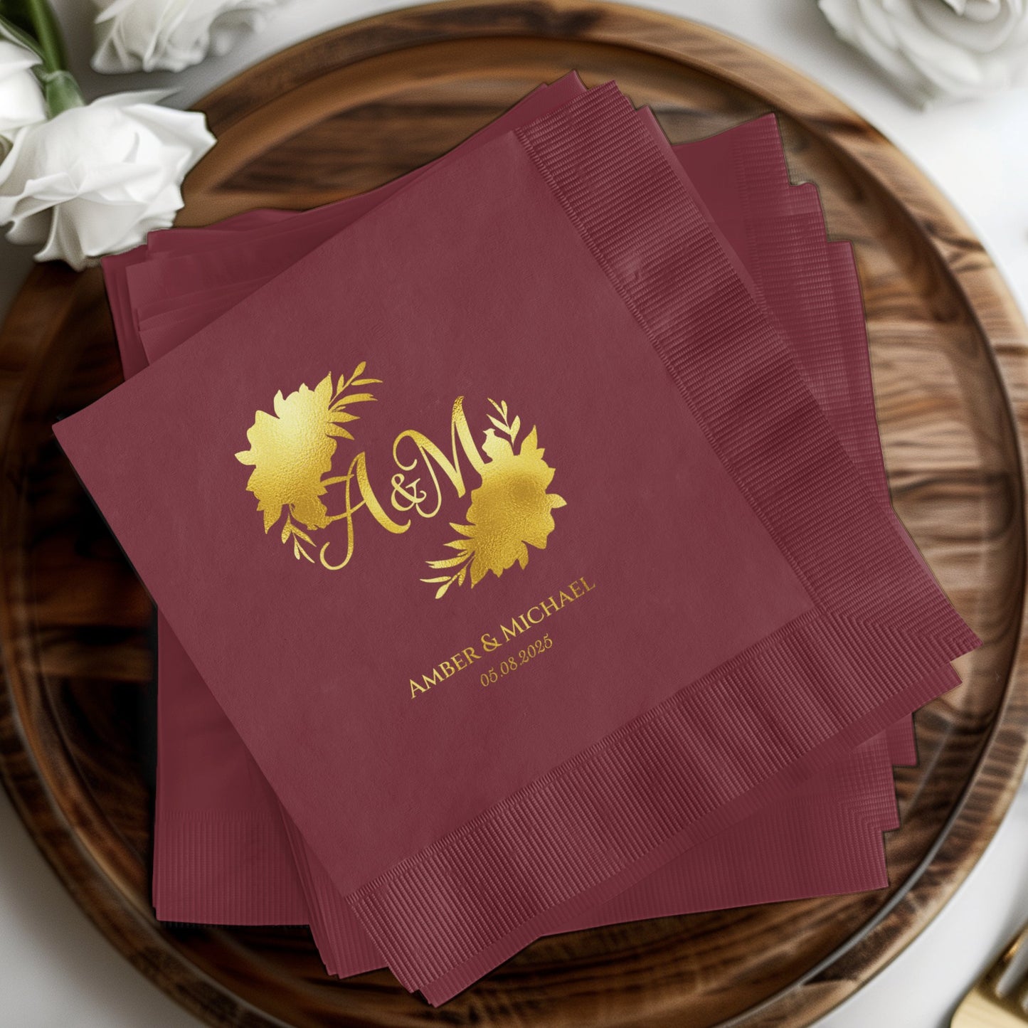 Custom Wedding Initials Maroon Beverage Napkins product