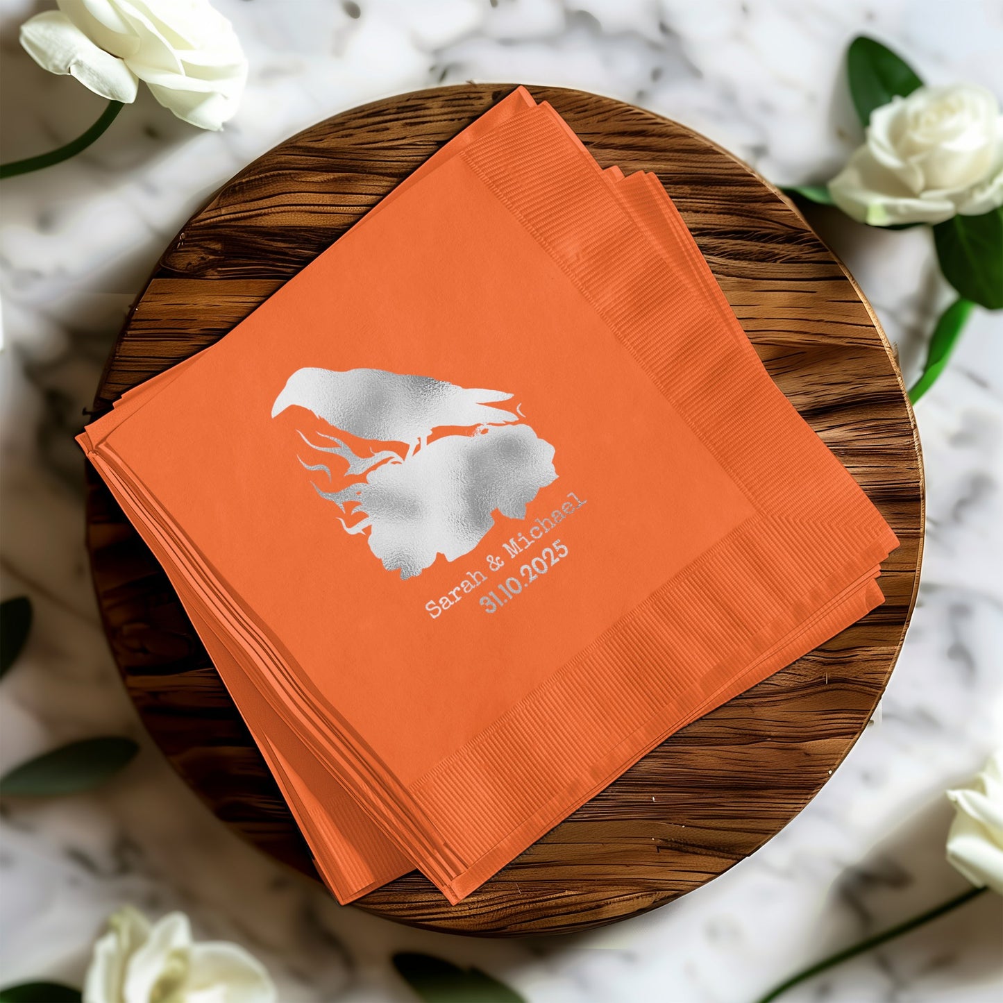 Custom Wedding Date Crow Design Orange Napkin product
