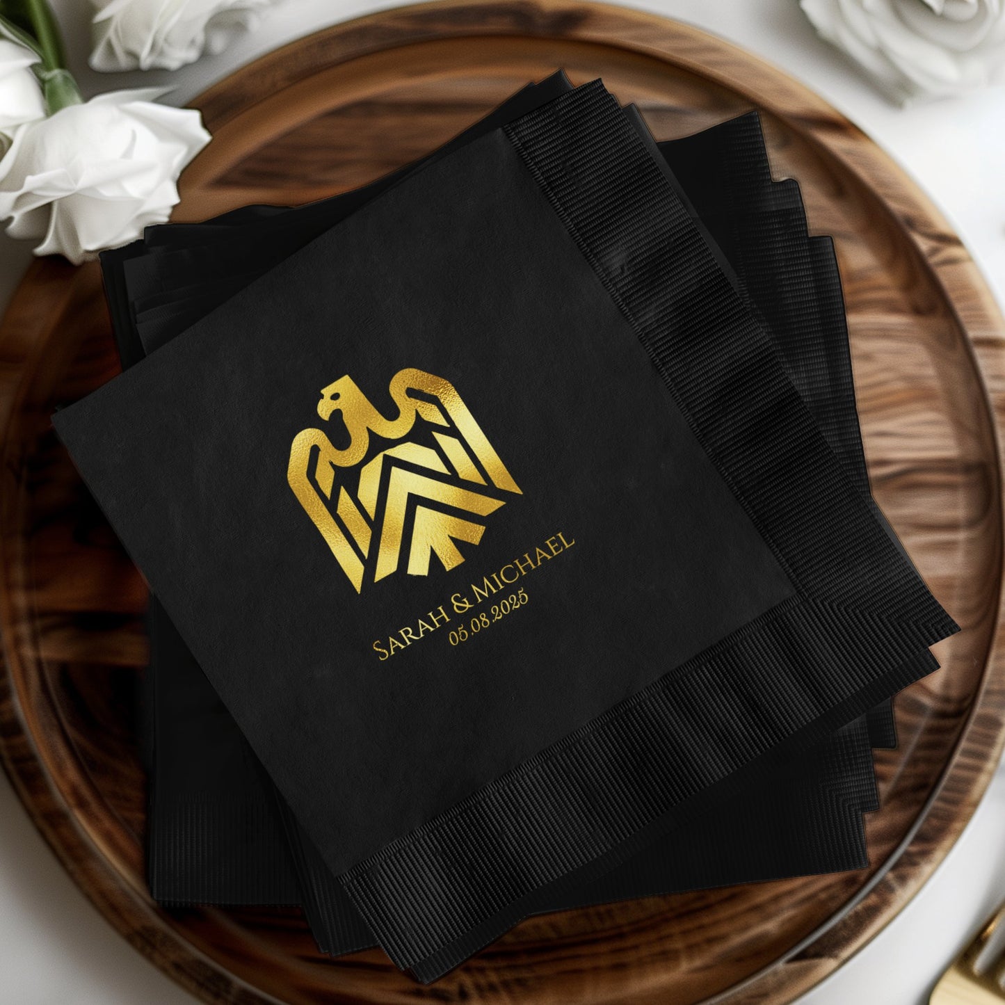 Elegant Personalized Black Napkins with Gold Eagle product
