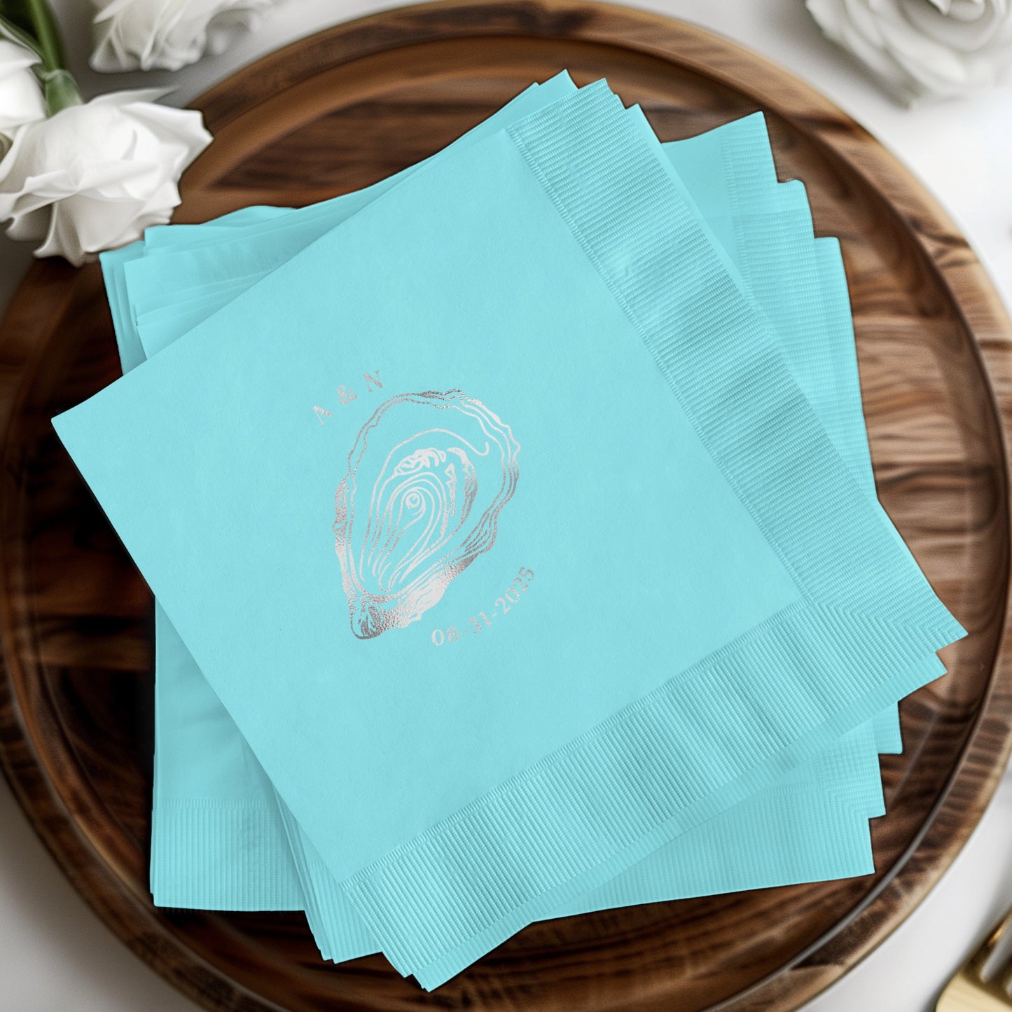 Personalized Teal Napkins with Oyster Design product