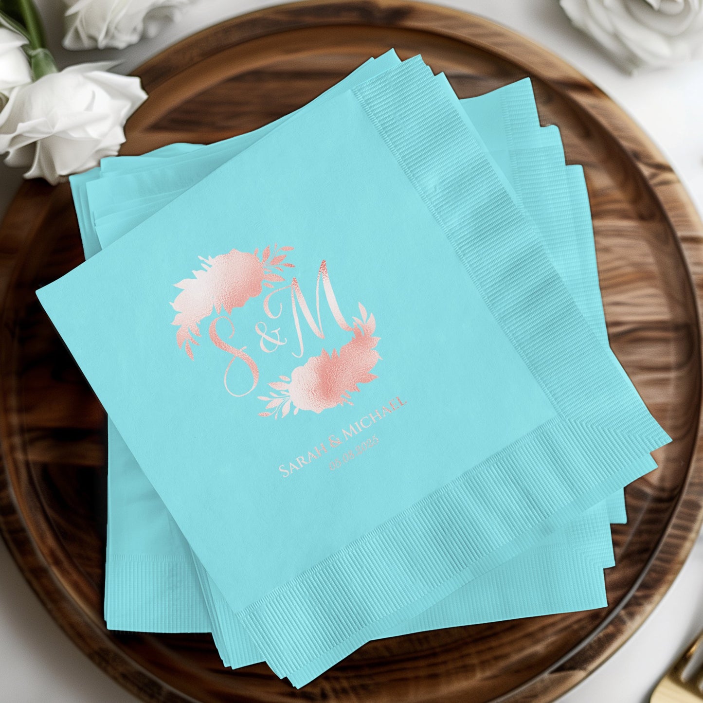 Blue Custom Wedding Napkins S&M Floral Monogram product type