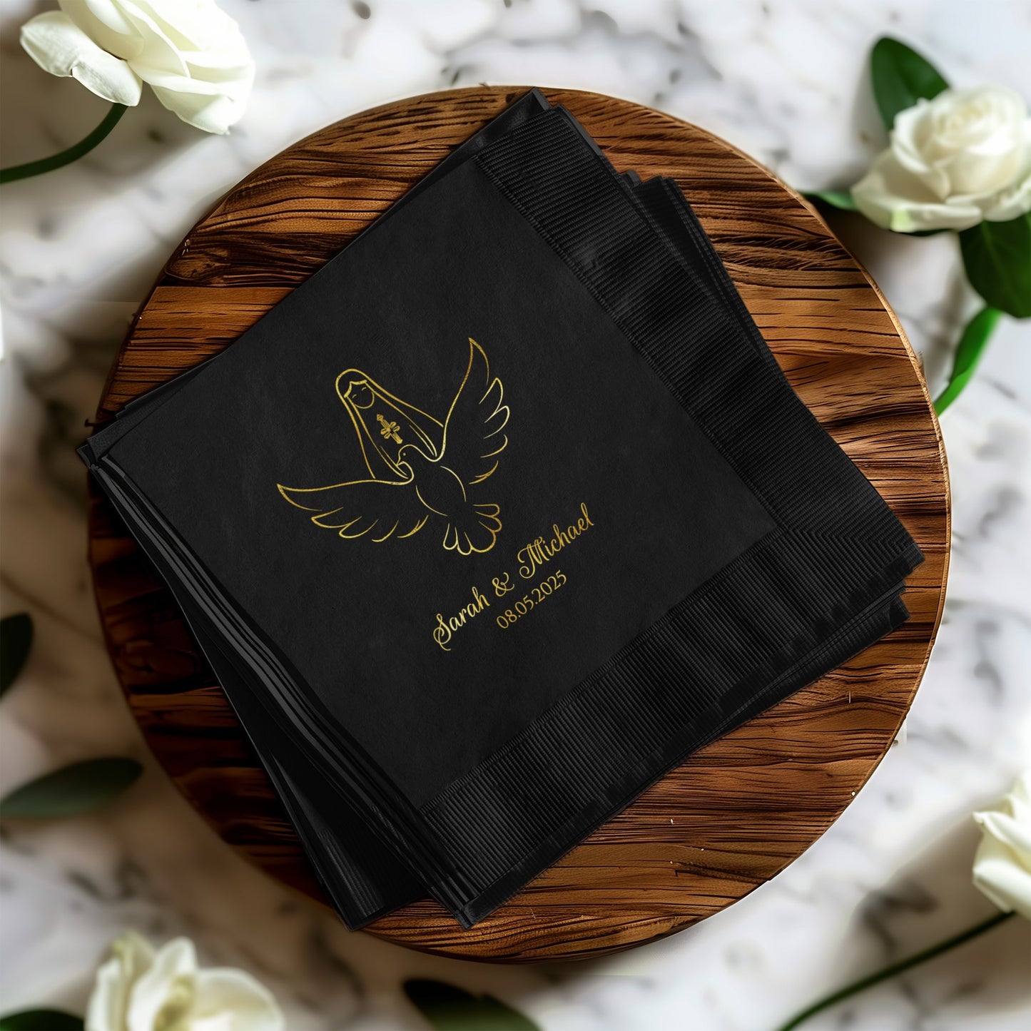 Custom Wedding Black Napkins with Dove Print product type