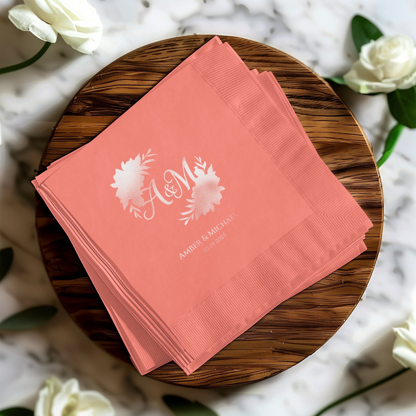 Personalized Coral Monogram Napkins for Weddings product