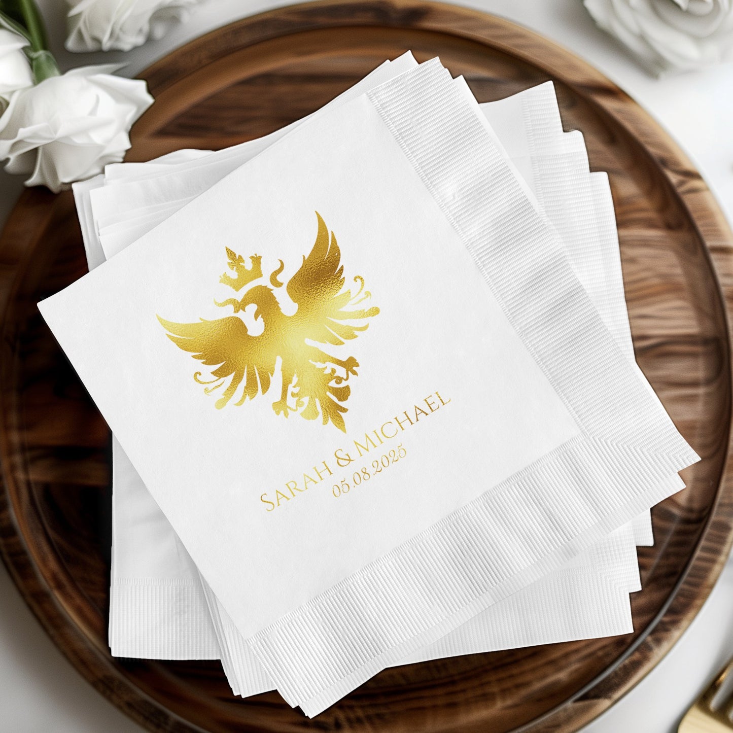 Personalized Wedding Napkins with Gold Eagle Design product