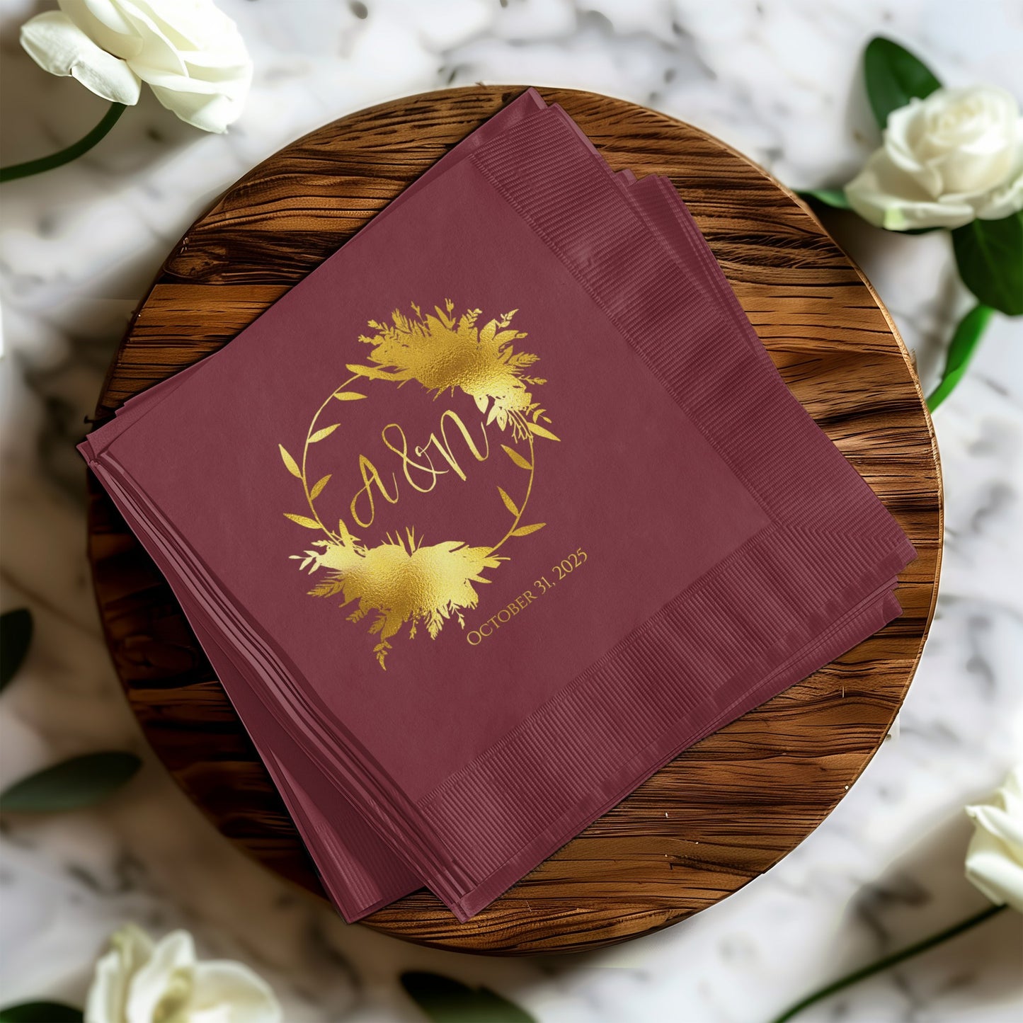 Custom Botanical Engraved Wedding Date Napkin Product