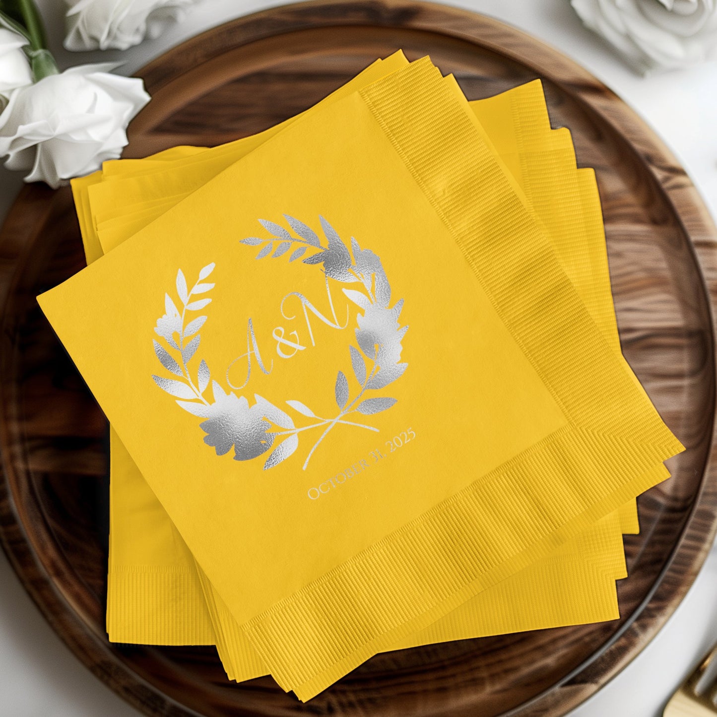 Elegant Yellow Paper Napkins with Silver Foil Design product
