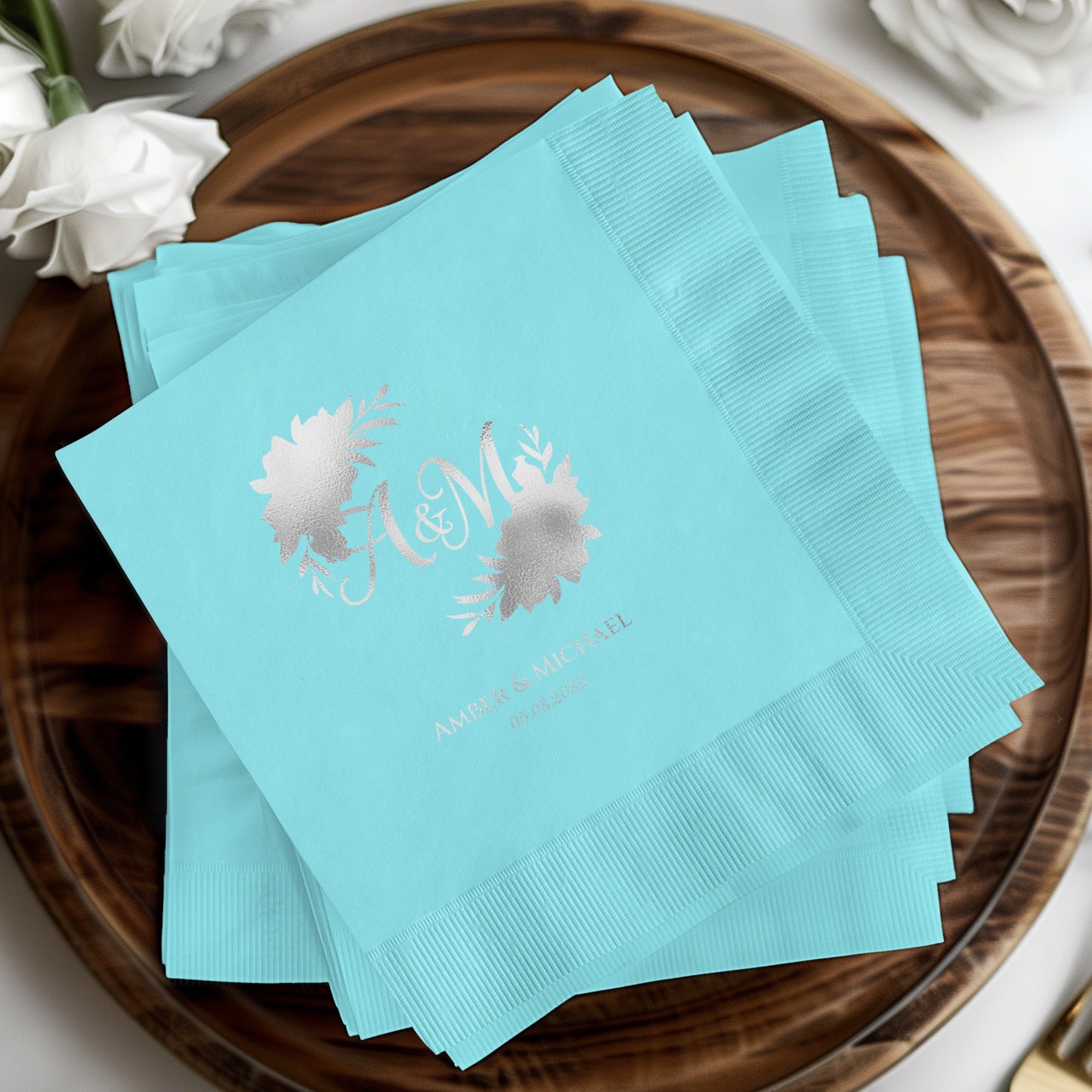Personalized Aqua Blue Floral Monogram Party Napkin product