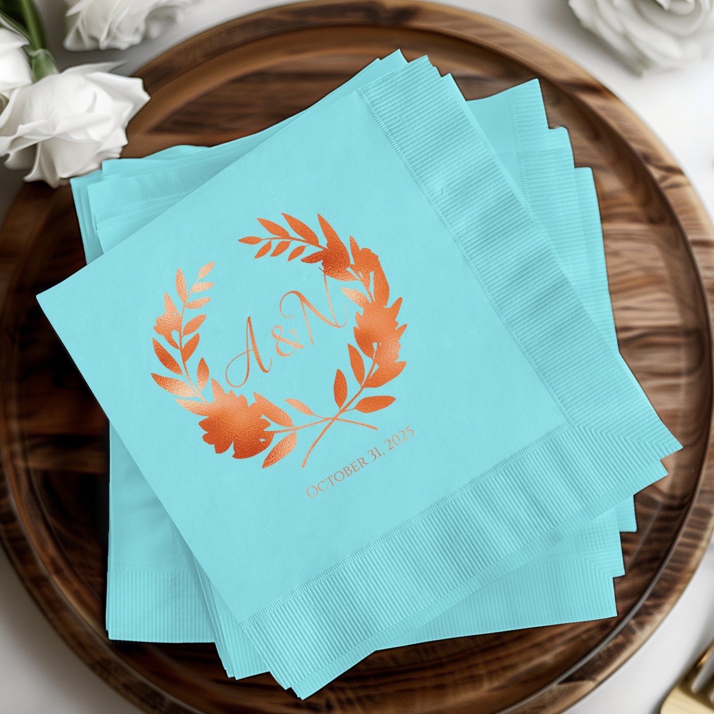 Personalized Blue Napkins with Custom Laurel Design product
