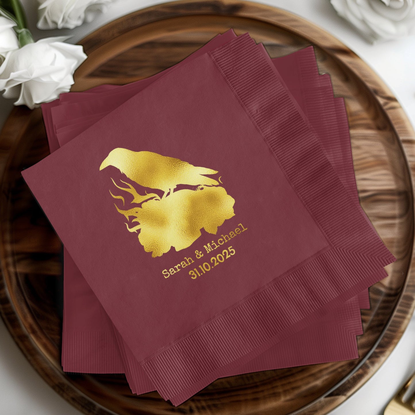 Personalized Maroon Napkins with Gold Raven Product