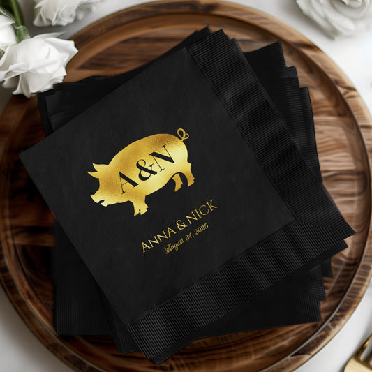 Personalized Black Wedding Napkins with Gold Pig Design product type