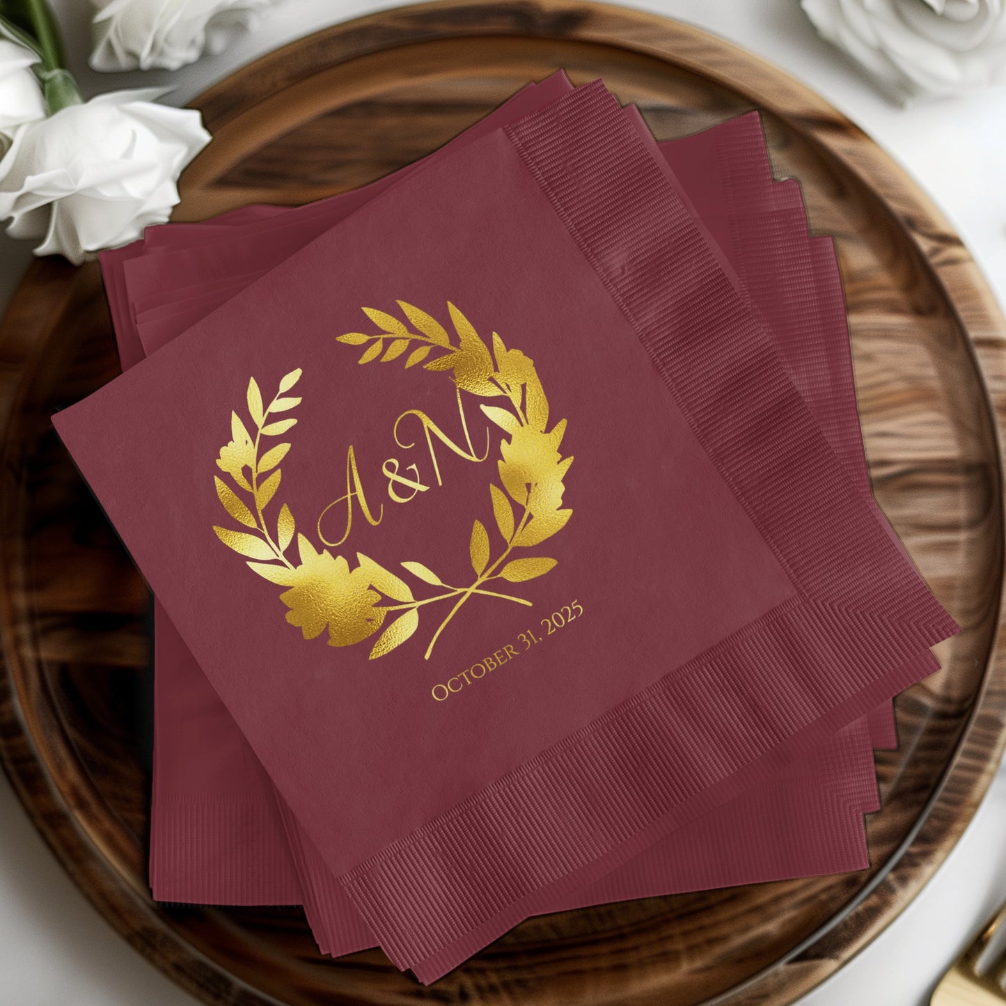 Elegant Personalized Golden Laurel Leaf Wedding Napkins product